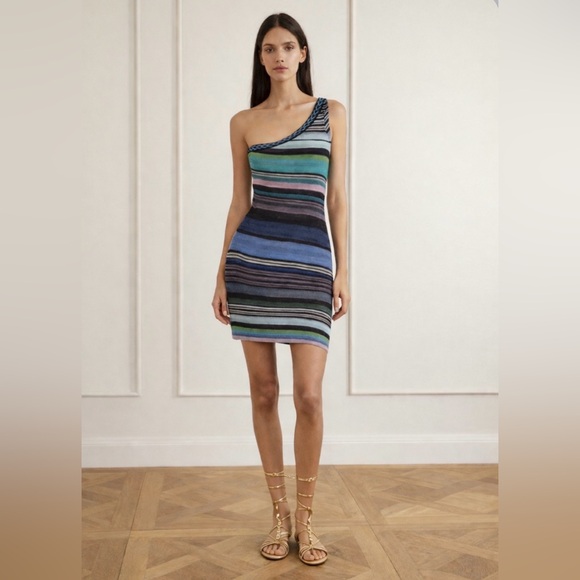 Missoni One Shoulder Crochet Silk Multicolor Beaded Knit Dress 40/ US 8